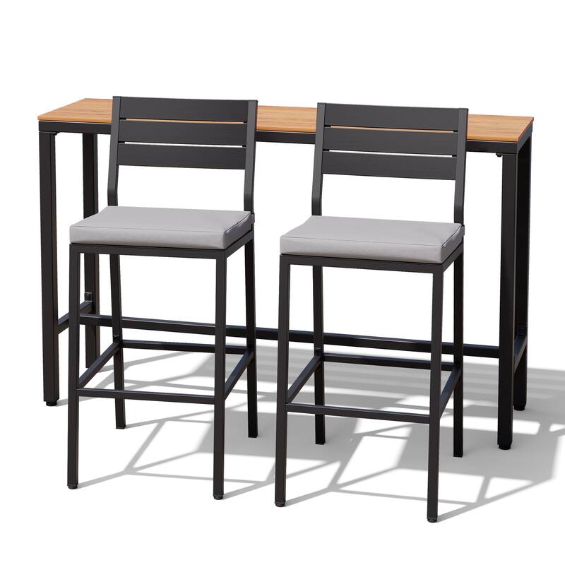 Outdoor 3-Piece Patio Bar Stools Set Rectangle Bar Table and Barstools with Cushion - Brown Table with Light Grey Cushion Chairs
