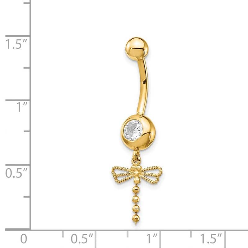 Curata Solid 14k Yellow Gold Cubic Zirconia 7mm Dragonfly Dangle Belly Ring (7mm x 36mm)
