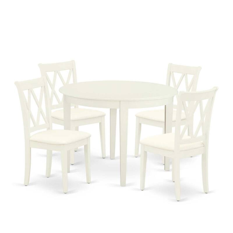 5 Piece Dinette Set - Round Kitchen Table & 4 Dining Chairs - 42 Inch - Linen White