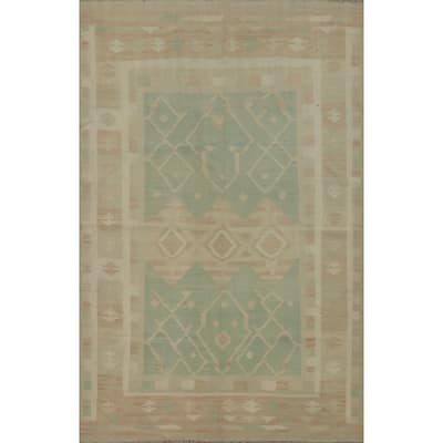 Hand Woven Oriental 100% Wool Carpet Southwestern Tribal Green Kilim Area Rug - 6' 8'' X 4' 7''