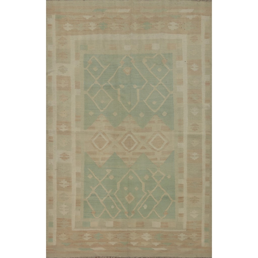 Hand Woven Oriental 100% Wool Carpet Southwestern Tribal Green Kilim Area Rug - 6' 8'' X 4' 7''