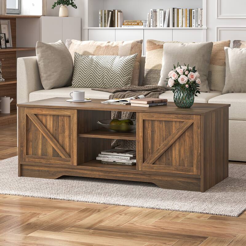 47" Rustic Farmhouse Coffee Table with Storage & Sliding Doors