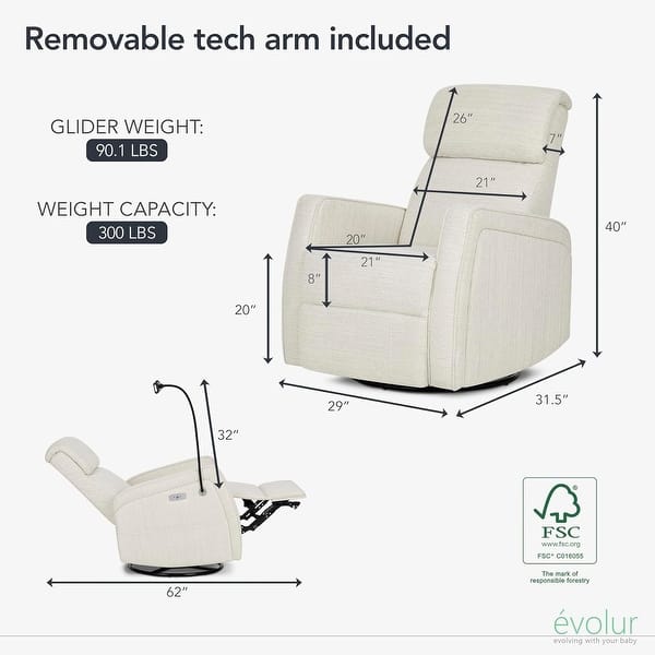 dimension image slide 1 of 2, Evolur Maverick Power Recline Glider with Device Holder