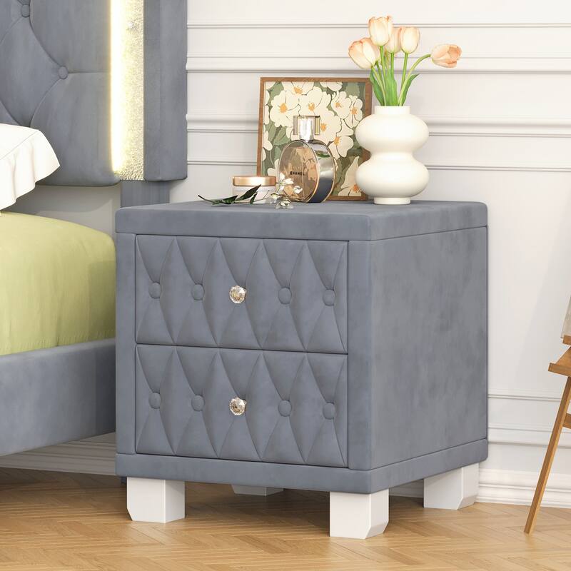 Velvet 2 Drawers Nightstand with Crystal Handle and Button-Tufted - Grey