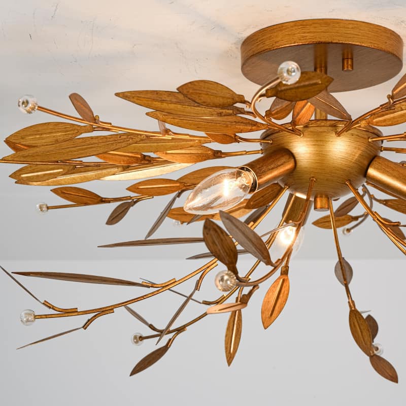 24" W Mid-Century Antiqued Gold Branches Leaf Design Semi-Flush Mount Ceiling Light with Crystal Beads for Living Room & Bedroom
