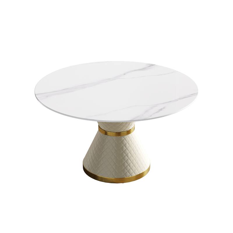53" Modern Round Marble Dining Table for 6, with Round PU Leather Finish Metal Pedestal
