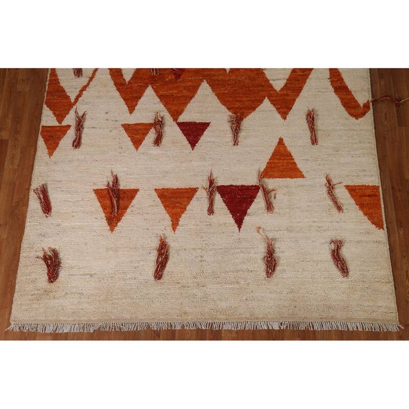 Hand Knotted Oriental 100% Wool Carpet Modern Tribal Beige & Ivories Moroccan Area Rug - 9' 11'' X 6' 10''