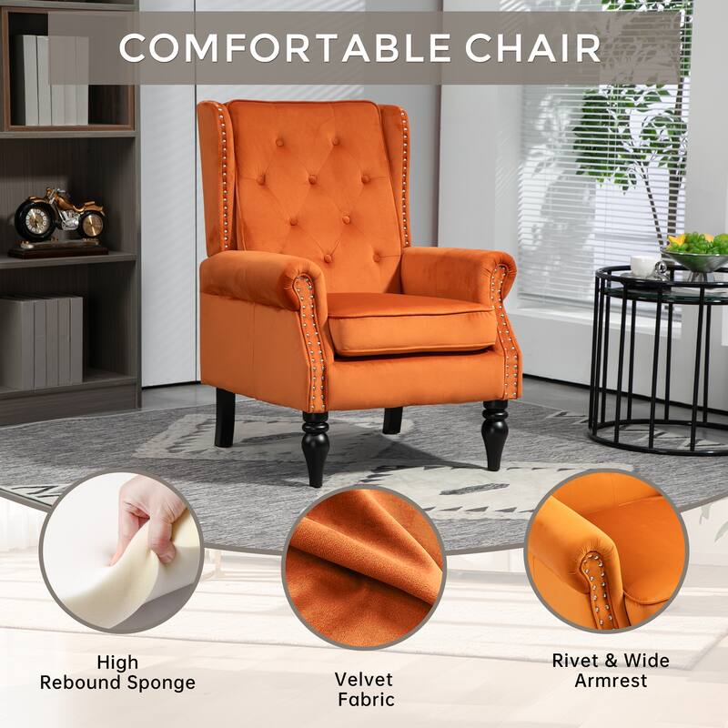 Tufted High Back Chair Living Room Wood Frame Armchair