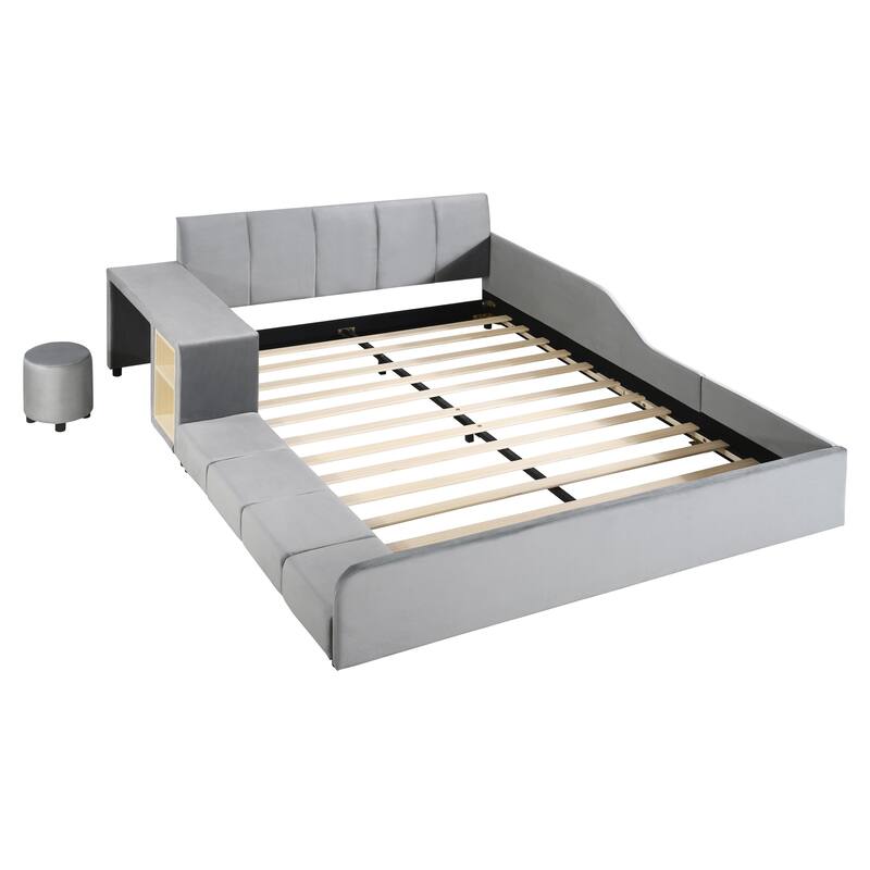 Velvet Upholstered Queen Platform Bed with Bedside Desk and Stool, Mother & Child Design in Gray