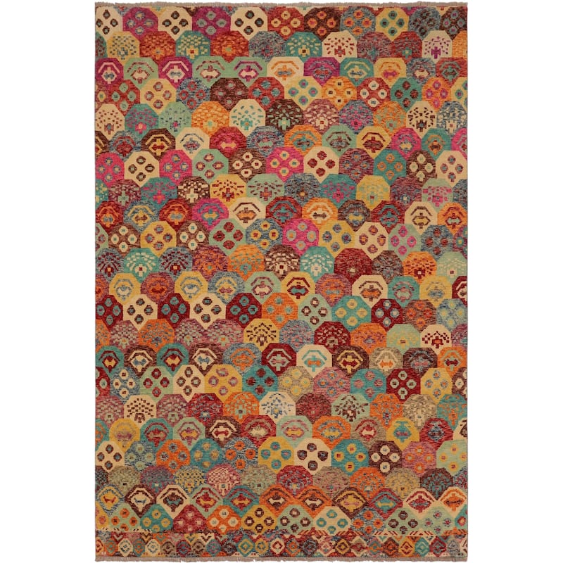 Eclectic Balochi Garrett Red/Blue Hand Knotted Wool Rug - 6'7'' x 9'9''