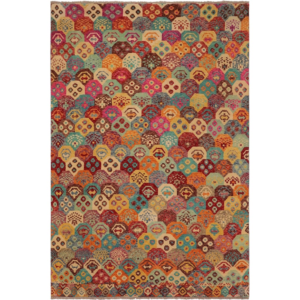 Eclectic Balochi Garrett Red/Blue Hand Knotted Wool Rug - 6'7'' x 9'9''