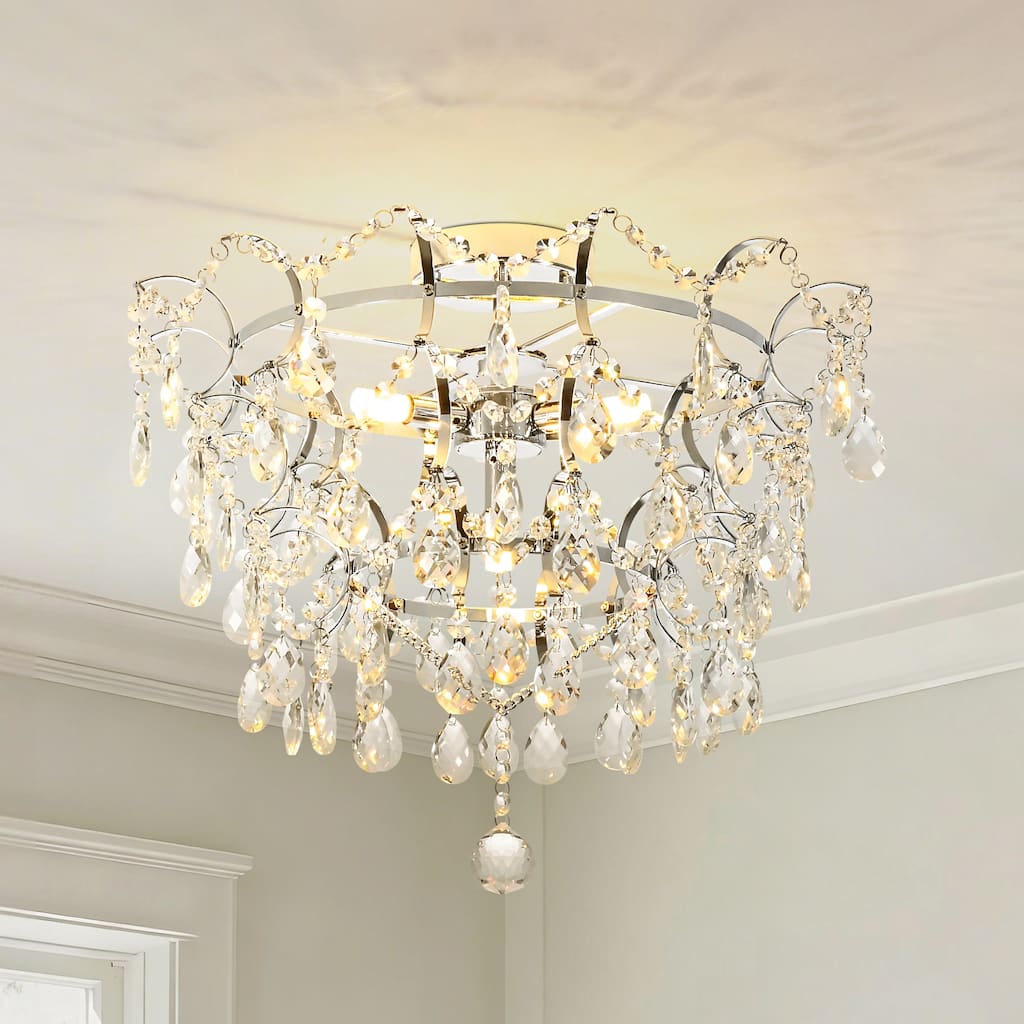 Elegant 4-Light Chrome Semi Flush Mount Ceiling Light with Clear Crystal Raindrop Accents for Living Room or Dining Room