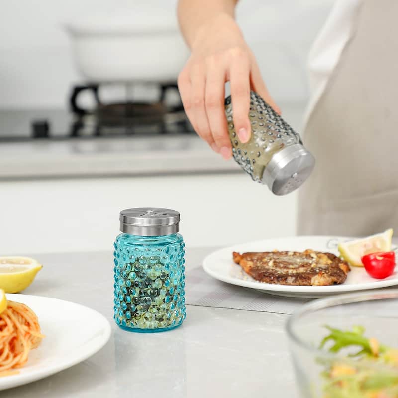 Set of 2 Blue and Clear Glass Salt and Pepper Shakers with Hobnail Design Ideal for Dining Table Decor - N/A
