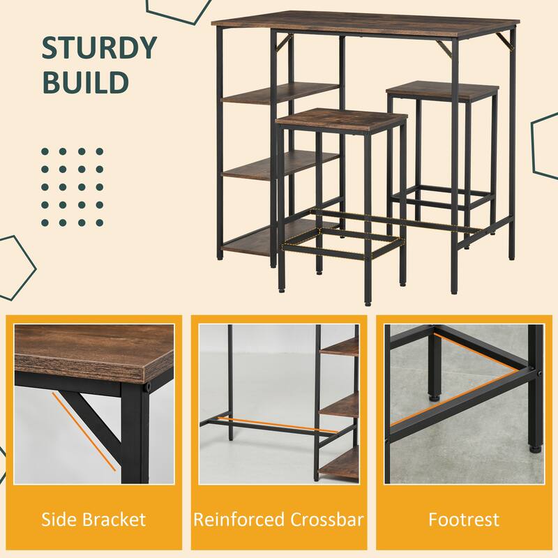 3-Piece Rustic Wood Top Bar Table Set with 2 Counter Stools and Metal Frame for Kitchen and Dining