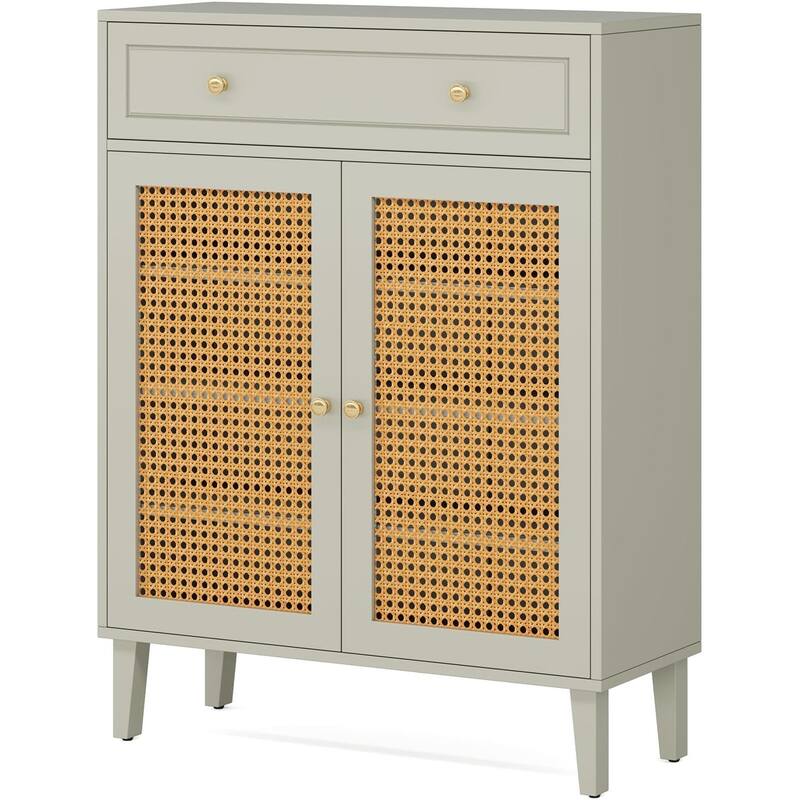 Modern Shoe Cabinet with Adjustable Shelves and Drawer Rattan Panels for Entryway Storage - 31.49”L x 15.74”W x 43.3”H - White