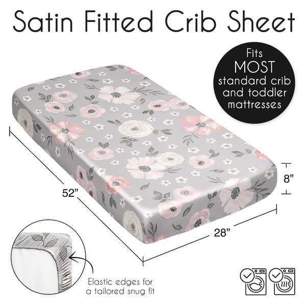 Sweet Jojo Designs Grey Watercolor Floral Girl Satin Fitted Crib Sheet Blush Pink Gray White Shabby Chic Rose Flower Farmhouse