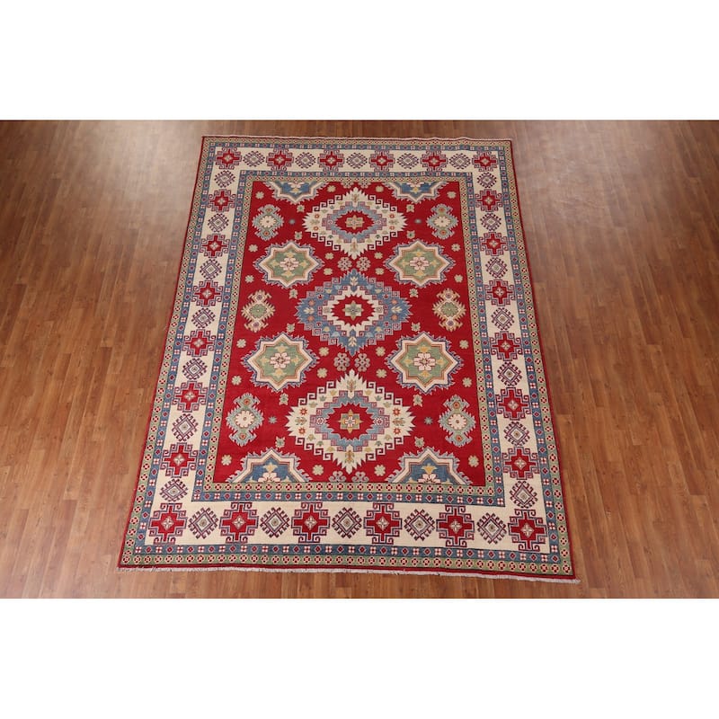 Red Geometric Kazak Oriental Area Rug Hand-Knotted Wool Carpet - 8'1" x 11'0"