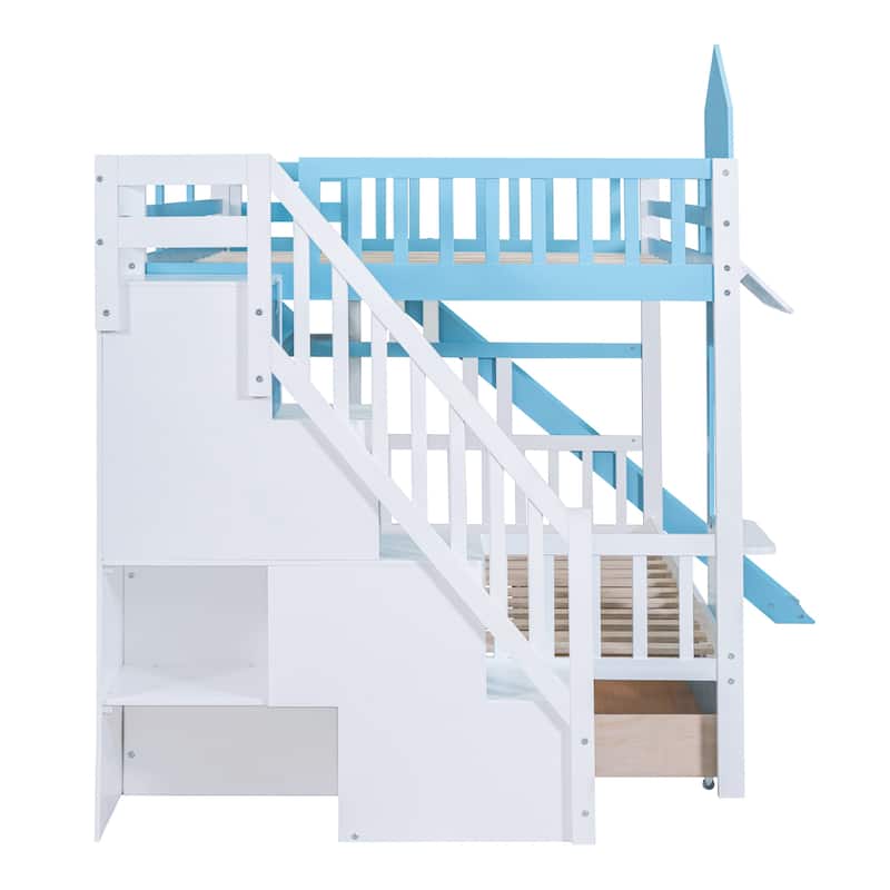 Blue Full over Full Size Solid Wood Castle Style Bunk Bed with Drawers and Slide