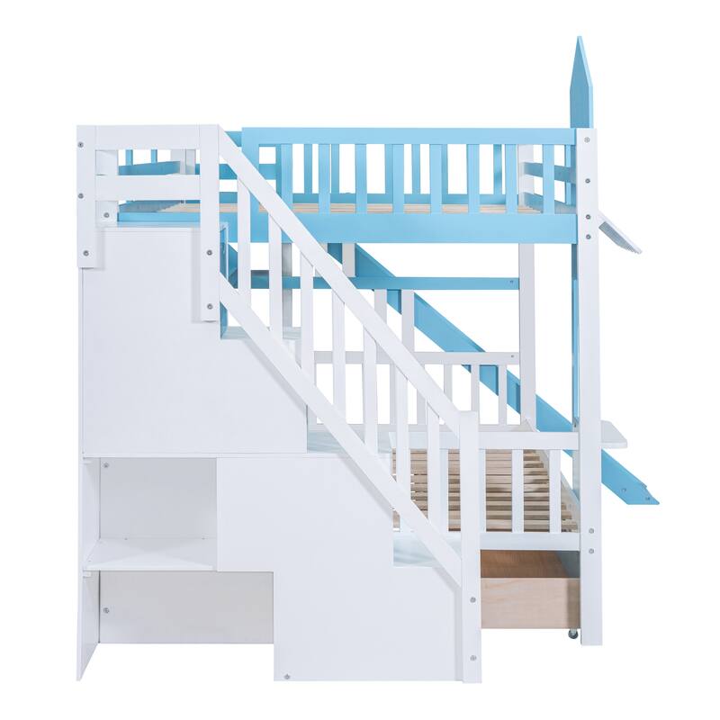 Full-Over-Full Castle Style Bunk Bed with 2 Drawers, 3 Shelves, and Slide - Blue