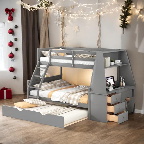 slide 2 of 18, Twin over Full Bunk Bed with Trundle, Built-in Desk, Storage Drawers & Shelf in Gray - Perfect for Sleepovers Grey