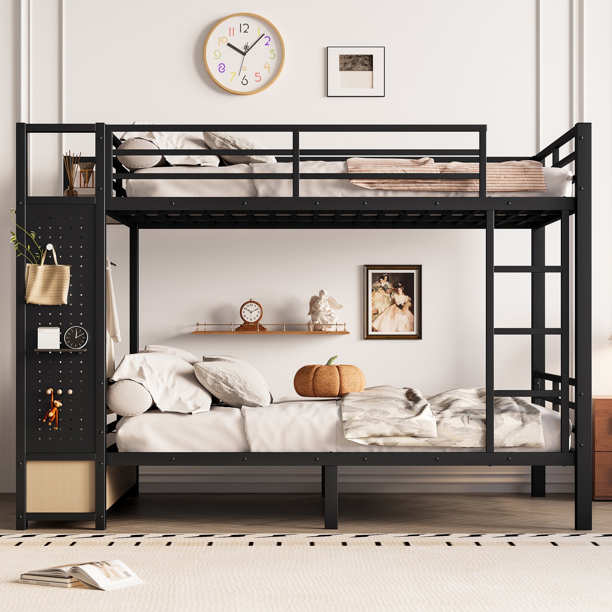 Black Metal Bunk Bed for Teens – Equipped With Storage Shelves, Drawers And Pegboard.