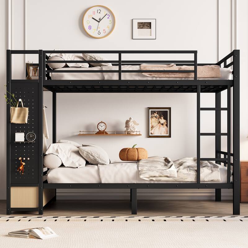 Multifunctional Full Over Full Bunk Bed for Teens with Built-in Wardrobe, Open Shelf, Drawers and Pegboard, Metal Bed Frame