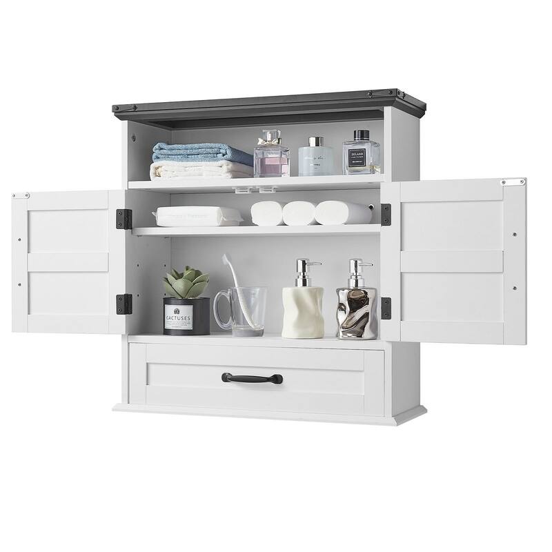 White Multi-Layer Bathroom Wall Cabinet with Adjustable Storage Shelves and 1 Drawer - 24” x 9” x 25”