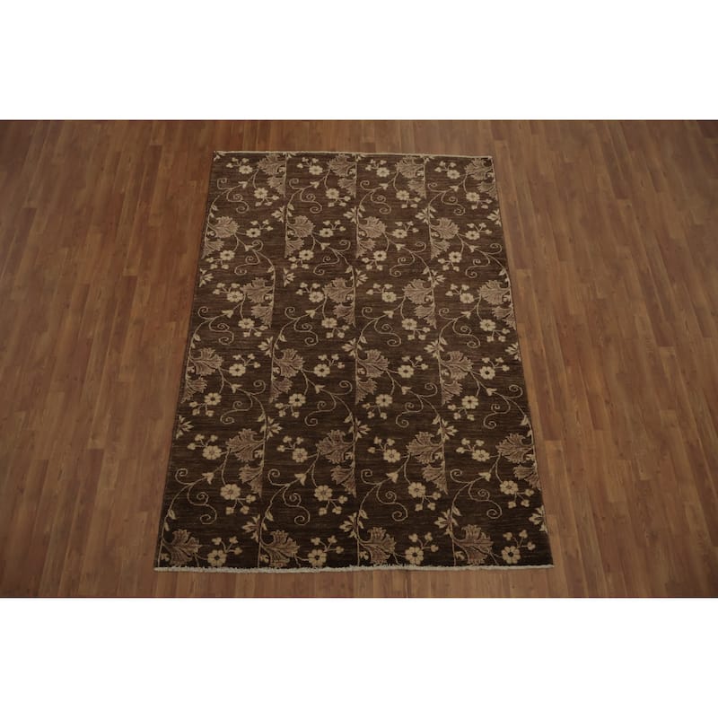 Hand Knotted Oriental 100% Wool Carpet Modern All-Over Brown Art & Craft Area Rug - 8' 1'' X 5' 7''