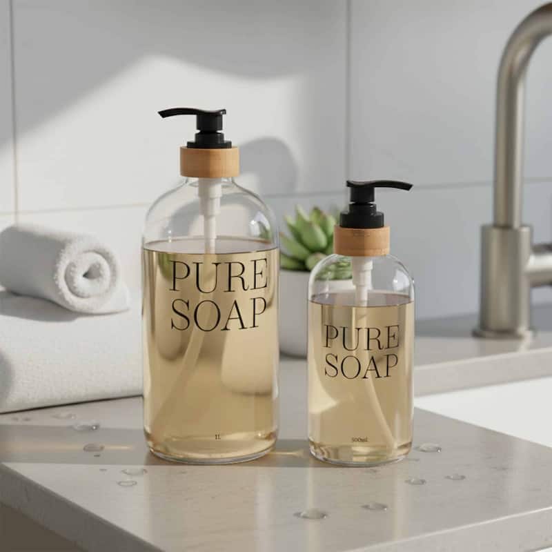 Glass and Bamboo Soap Dispenser PURE SOAP 17 or 34 FL OZ - Clear