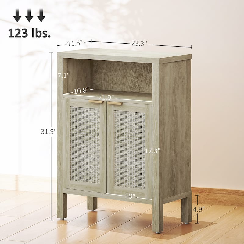 Rattan Sideboard with Adjustable Shelves and Golden Handles for Kitchen Dining and Living Room Storage