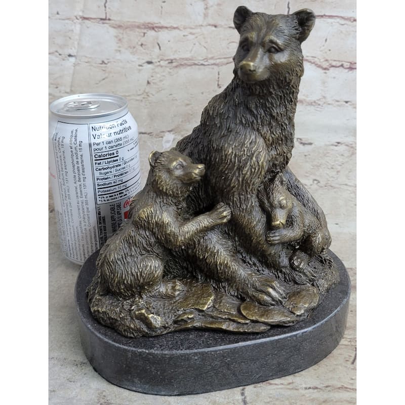 Signed Original Grizzly Bear With Her Two Cubs Bronze Sculpture Statue Figurine