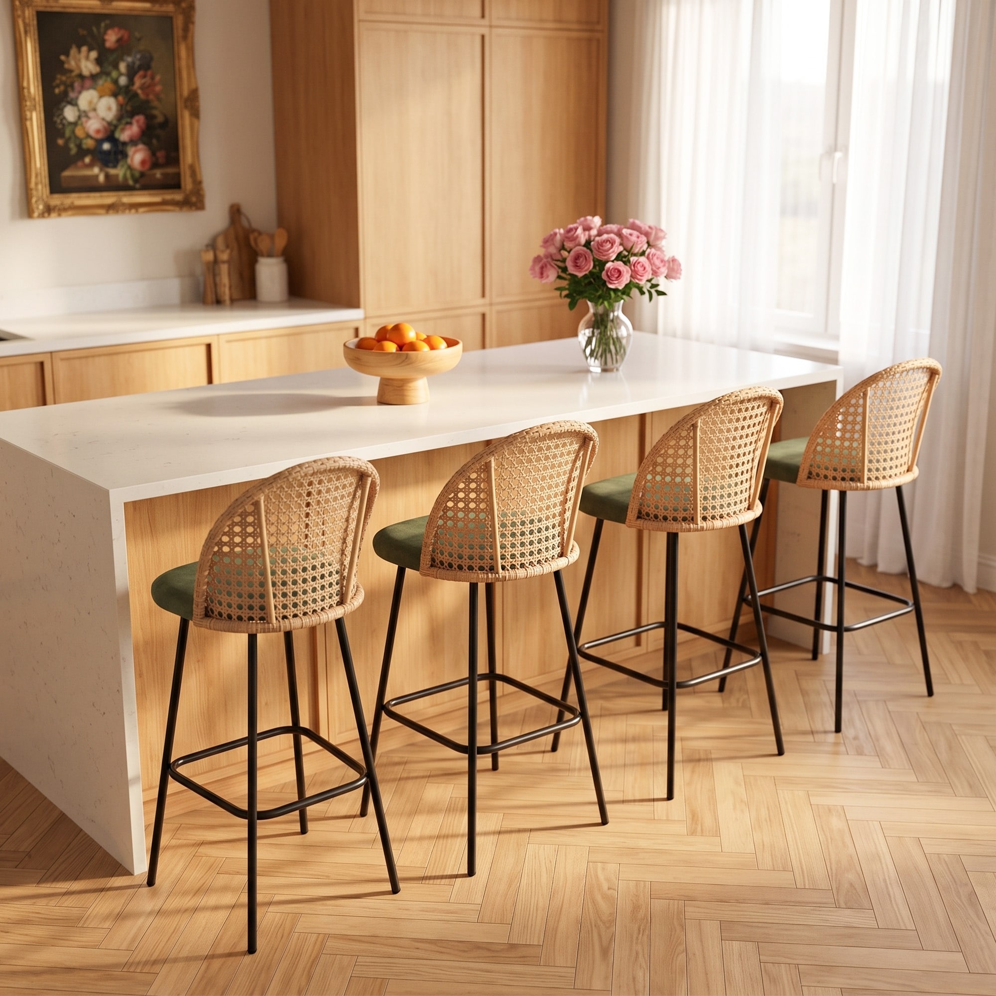 Coastal Rattan Back Counter Height Upholstered Bar Stools
