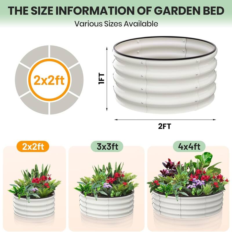 2-Pack 2 x 2 x 1FT Round Galvanized Raised Garden Bed Heavy-Duty Open-Bottom Planter Box off-white