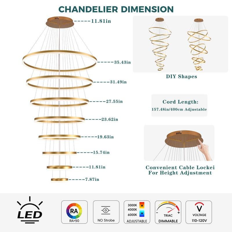 Modern Ring LED Chandelier Ring Adjustable Ceiling Light with Remote Control for High Ceilings