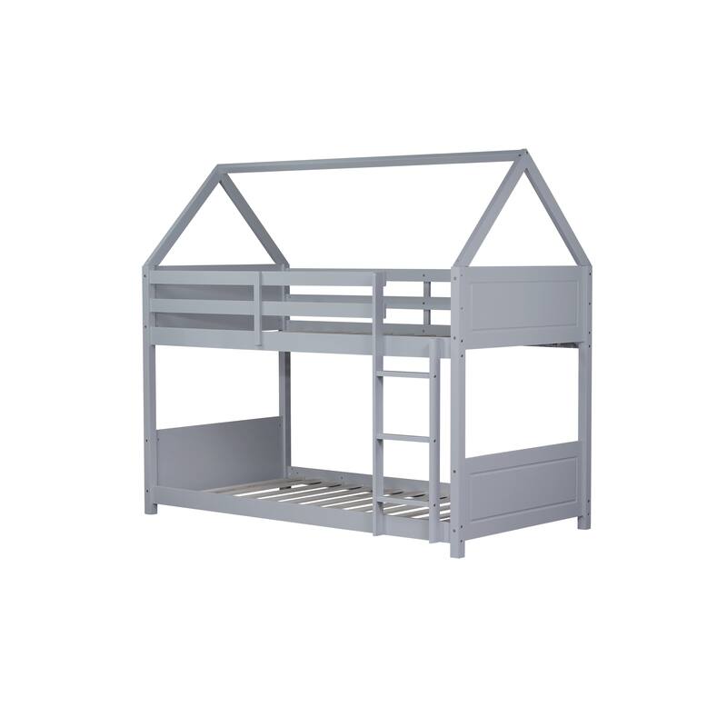 Twin Over Twin House Floor Bunk Bed with Headboards, Footboards, Guardrails, and Ladder, Light Grey