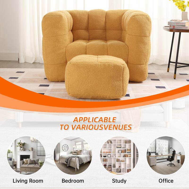 Boucle Upholstered Tufted Modern Non-installation Bean Bag Sofa Chair with Ottoman for Living Room