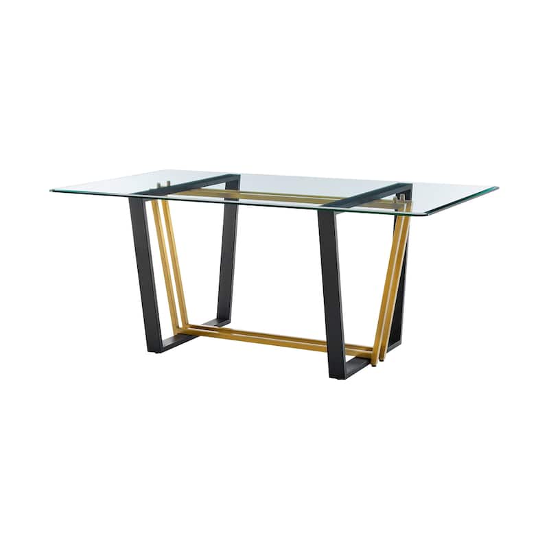 Danie Dining Table, 72 Inch Glass Top, Angular Base, Gold, Black Iron - Gold, Black, Clear