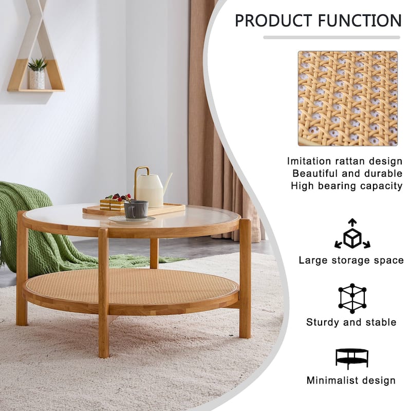 GDFStudio Alveron Solid Wood Double-Layer Coffee Table with Striped Glass Top