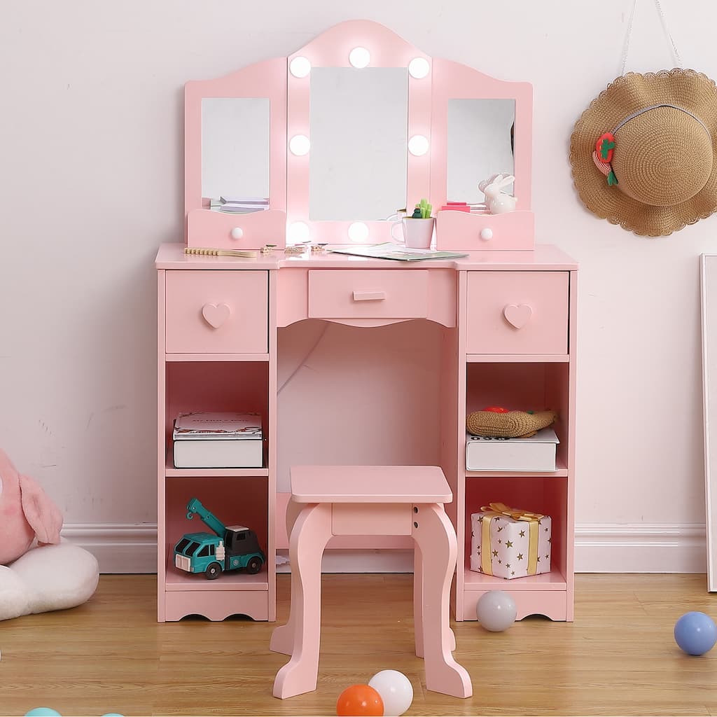 2-in-1 Princess Kids Vanity Dressing Table Set with Tri-Fold Mirror