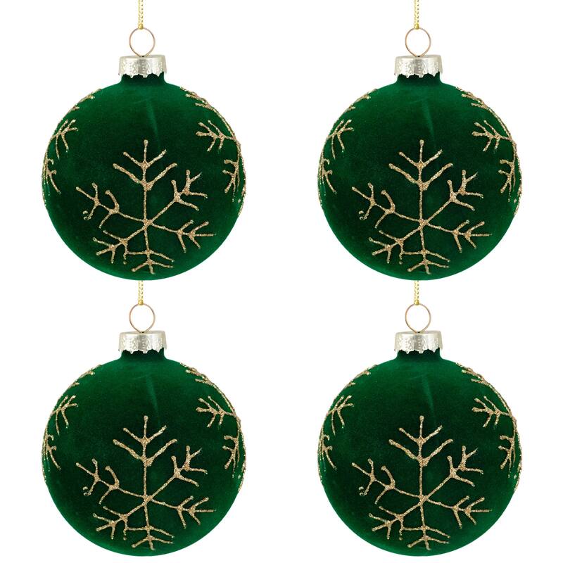 4ct Green Flocked Glass Ball Christmas Ornaments Gold Snowflakes 3"