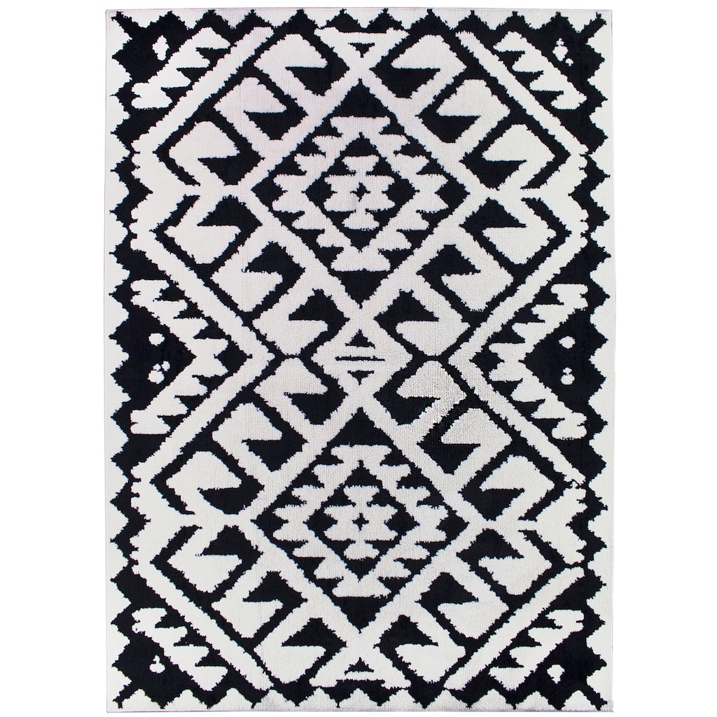 Geometric Aztec Moroccan Pile Shag Accent Rug 5" x 7" - Black & White - 5' x 8'/Surplus - 5' x 8'/Surplus