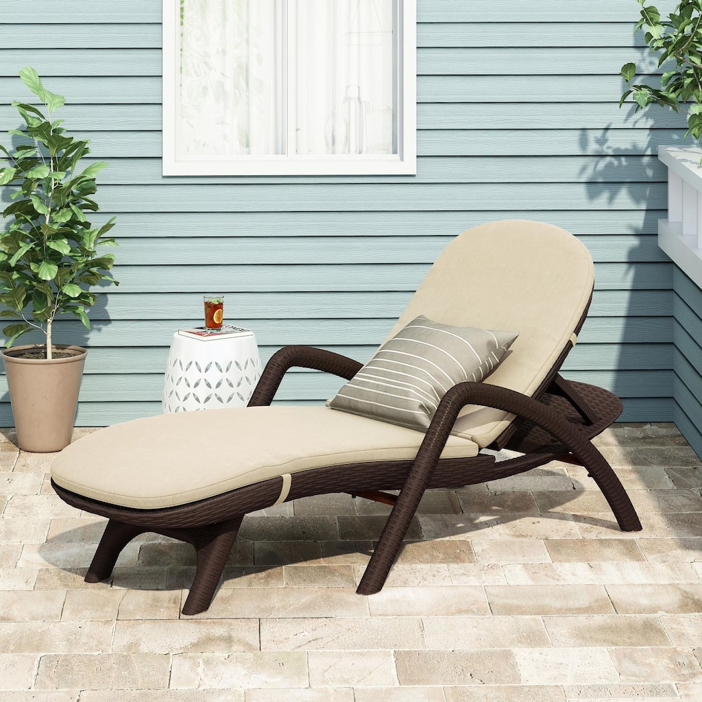 Outdoor polypropylene resin chaise lounge with armrests and cushions