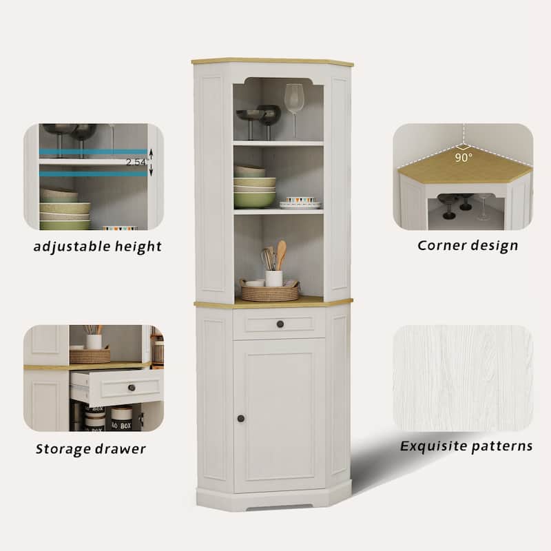 68" Farmhouse Corner Cabinet, Freestanding Storage with Door, Drawer & Adjustable Shelf for Kitchen, Living Room, Bathroom