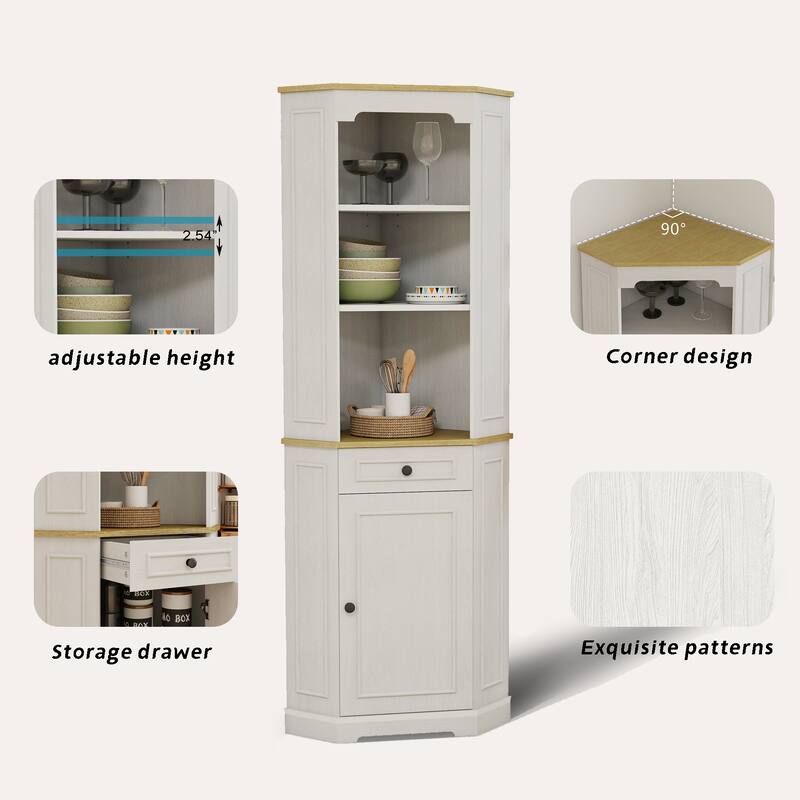 68" Tall Corner Cabinet, Freestanding Corner Storage Cabinet with Door, Drawer & Adjustable Shelf, Farmhouse Space-Saving Hutch