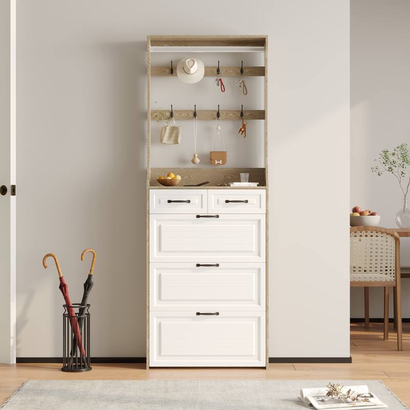 Wood Shoe Storage Cabinet 24-Pair Foldable Compartments Shoe Cabinet with 2-Drawer,3 Flip Drawers & Hanger - Natural