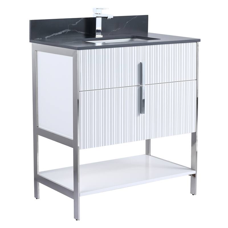 Fine Fixtures Serenity Modern Bathroom Vanity with Black Sintered Stone Top - White Matte - Chrome Hardware - 30 inch