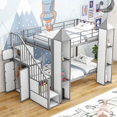 White+Gray Twin Size Metal Castle-shaped Bunk Bed with Wardrobe, Storage Staircase, and Open Cabinets