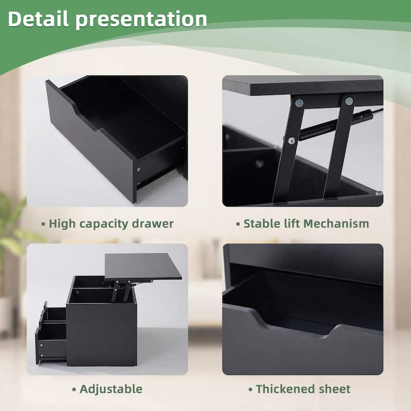 Modern Black Lift-Top Adjustable Height Coffee Table with Hidden Storage and 2 Drawers for Living Room