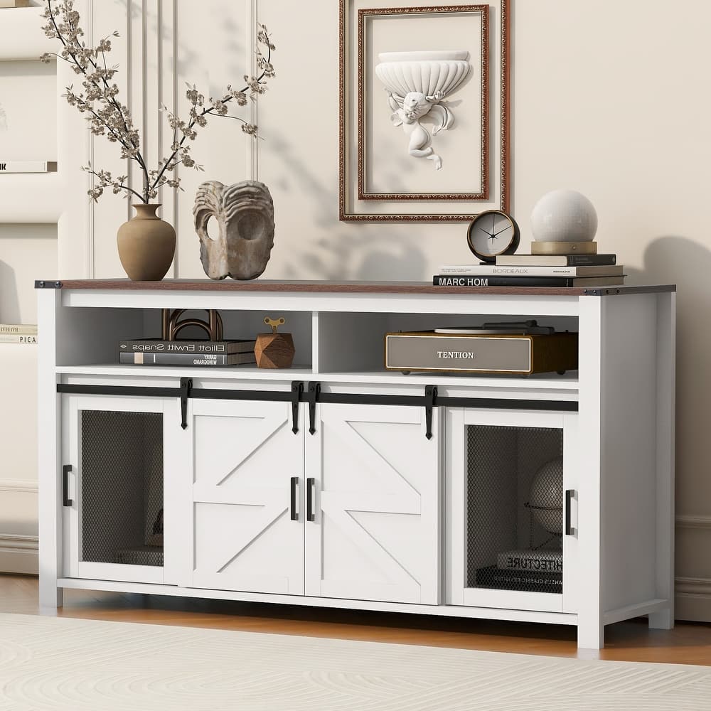 Sideboard Buffet Cabinet with Sliding Barn Doors & Open Shelf, Coffee Bar Storage Cabinet with Mesh Doors & Adjustable Shelf