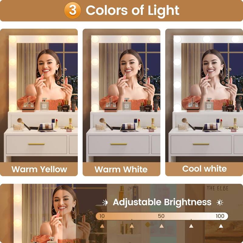 Makeup Vanity Desk Light Bulbs & RGB Cabinets Drawers Storage Shelves